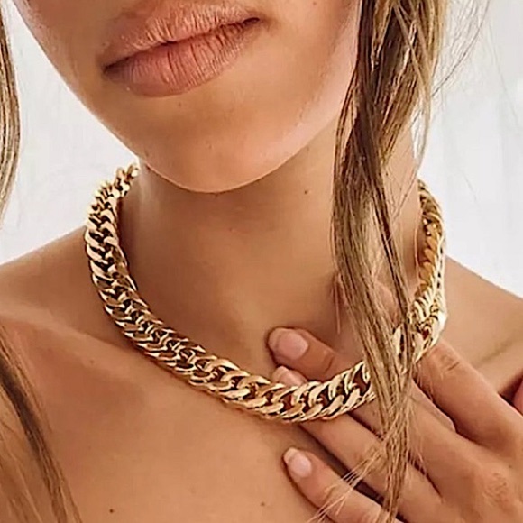 Gold Chain Link Exaggerated Cuban Choker Matching Bracelet Set - Picture 8 of 15